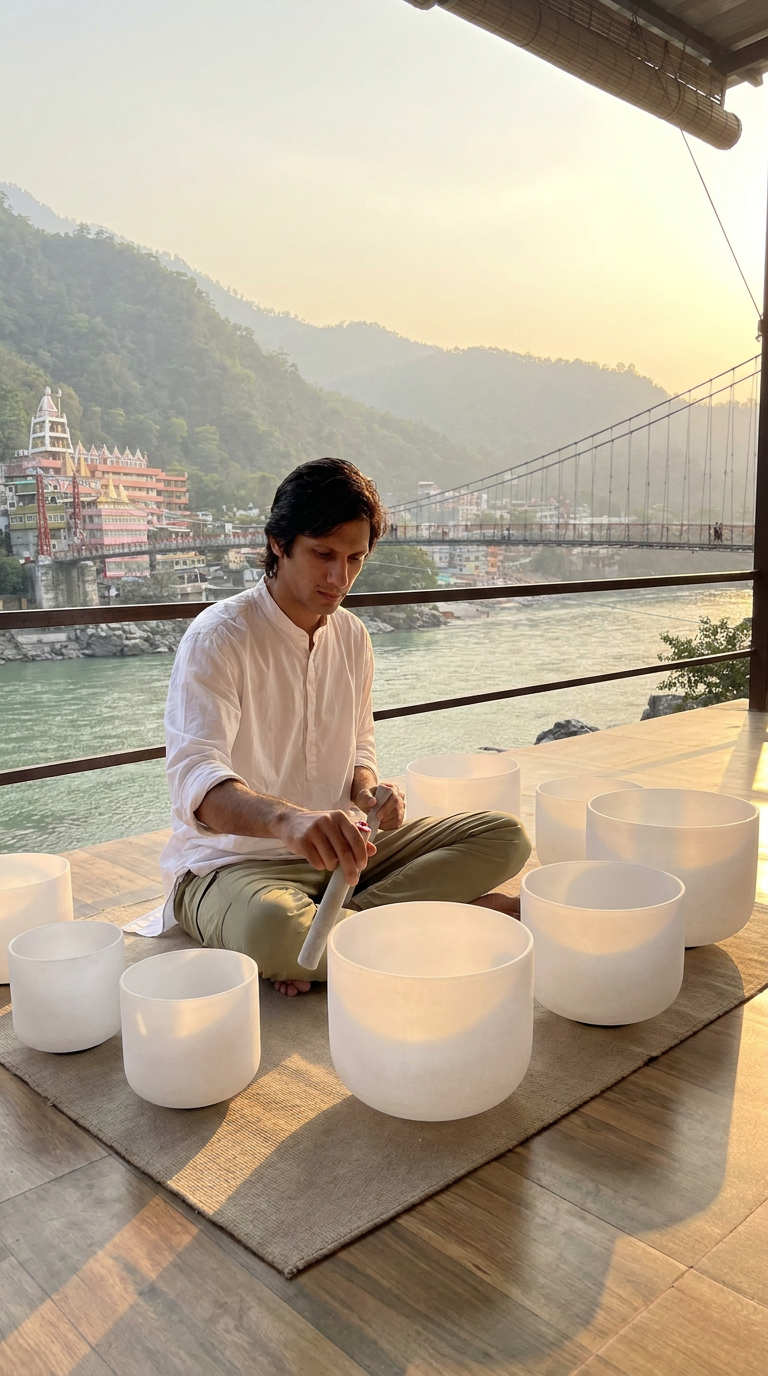 Devesh playing crystal singing bowls overlooking the Ganges