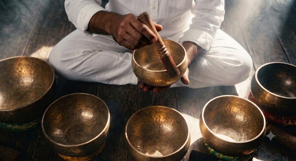 A singing bowl being played during an individual sound practice