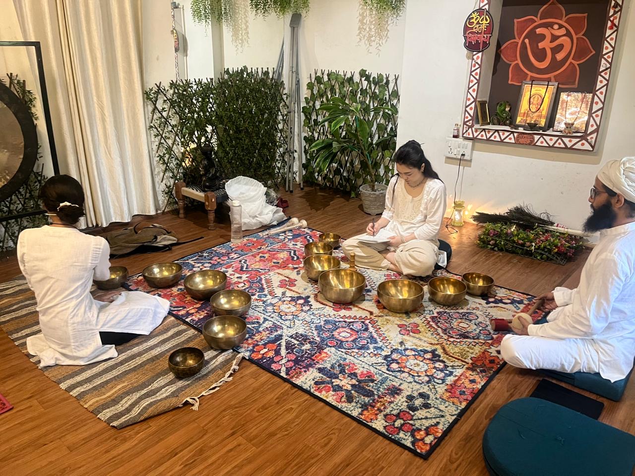 Singing bowls prepared for a sound session
